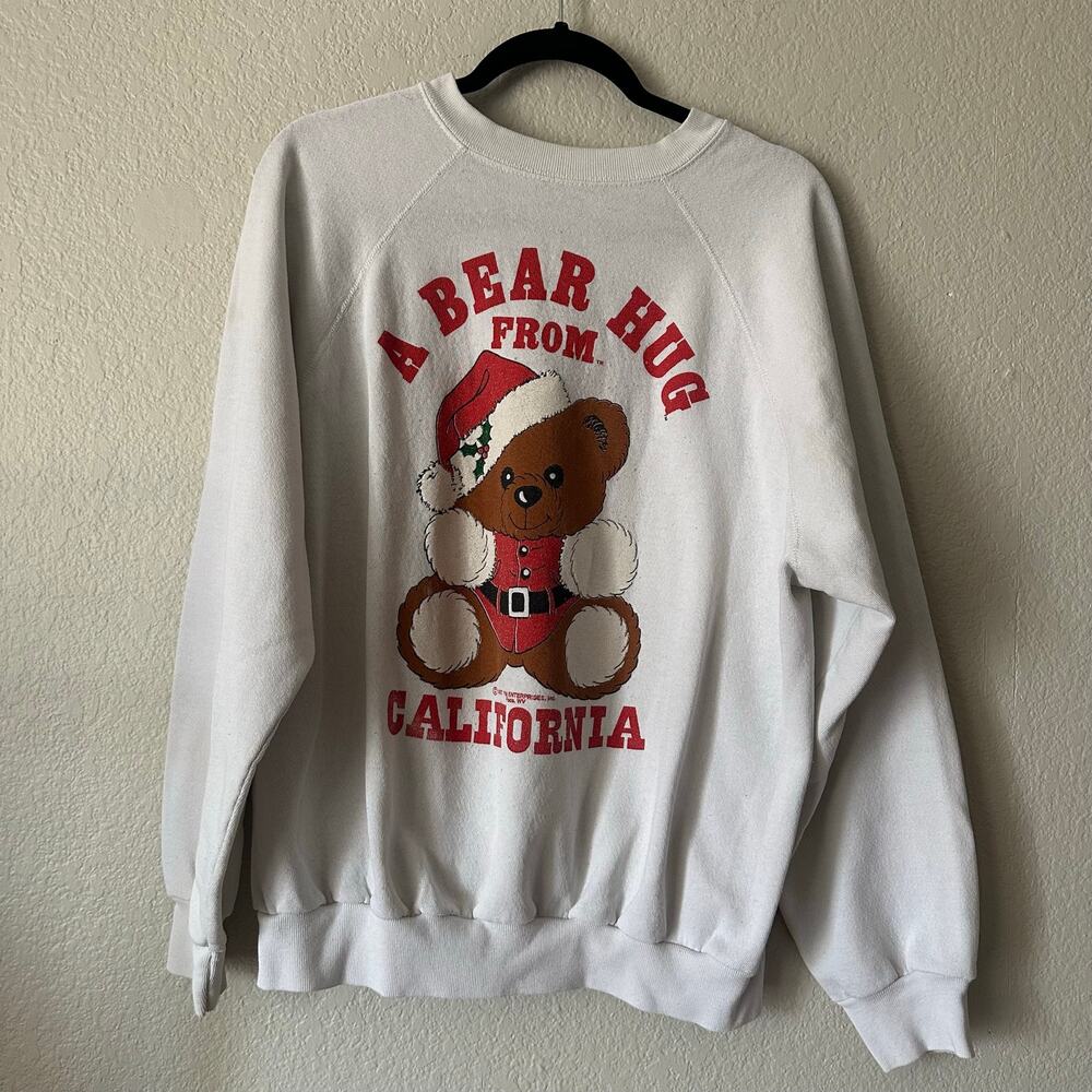 Vintage 80s A Bear Hug From California Christmas Sweatshirt White
